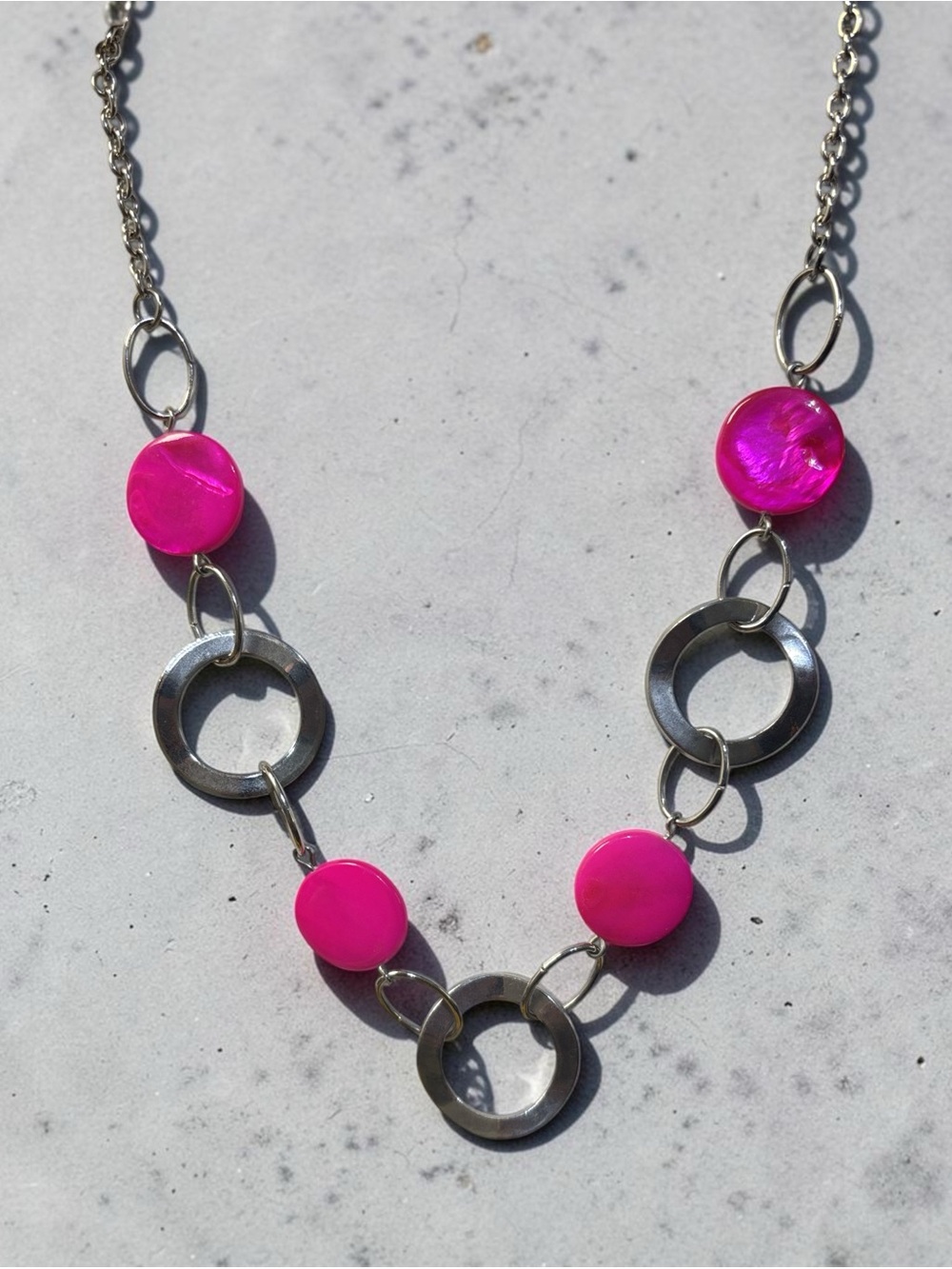 Silver tone Chain Necklace with Hot Pink Disc Accents